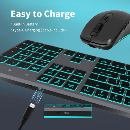 Miniatura 3 de Teclado inalámbrico silencioso y mouse retroiluminado, combo de teclado plano silencioso recargable, mouse Jiggle, mouse delgado inalámbrico de 2.4