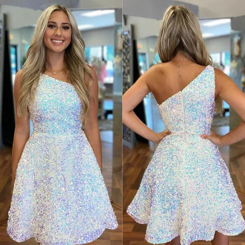 Miniatura 5 de Hjindpr Vestidos de lentejuelas de un hombro para adolescentes, vestido corto de graduación 2024, vestido formal acampanado brillante con bolsillos