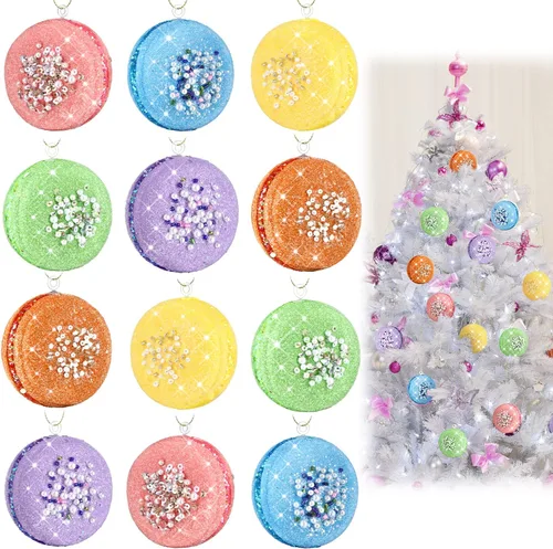 Hungdao 12 piezas de decoraciones navideñas de Candyland, adornos de macarrón para árbol de Navidad, pastel dulce 3D, adornos con purpurina colorida