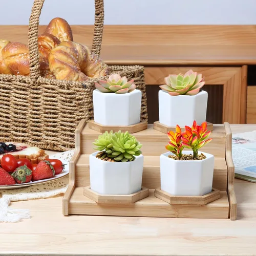 Miniatura 8 de macetas de cerámica con bandeja de madera de bambú, color azul, no.2