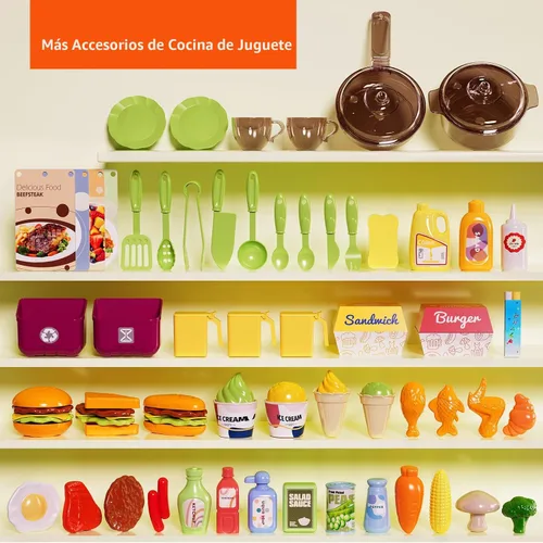Miniatura 6 de Pupu Pig Juego de cocina para niños, cocina de juego con estufa de juguete, parrilla, fregadero, comida de juguete, accesorios de cocina, juego