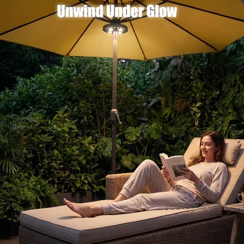 Miniatura 8 de Parasol de sombrilla para patio, luces 3 en modo brillo e inalámbrico, 28 luces LED en 220 Lux. 4 x AA baterías de función, sombrilla con pértiga