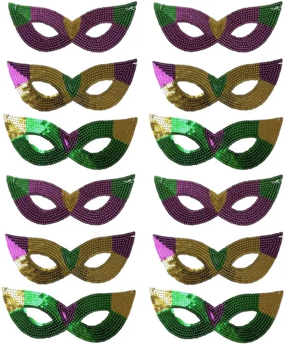 Máscaras Mardi Gras de lentejuelas moradas, verdes y doradas, suministro a granel para fiestas, bailes y desfiles