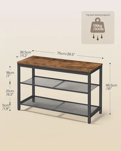 Miniatura 2 de HOOBRO Banco de zapatos de 3 niveles, organizador industrial de zapatos, banco de almacenamiento de 29.5 pulgadas con estantes de malla, para Marrón