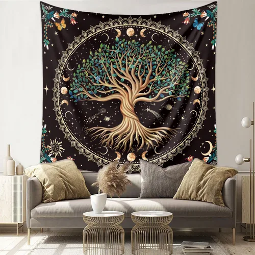 Miniatura 8 de Tapiz de árbol de la vida de fase lunar, naturaleza, flores, plantas, mariposas, tapices bohemios, mandala espiritual, tapiz estético para colgar