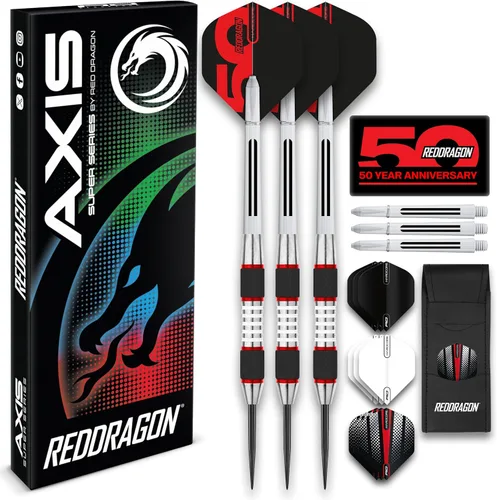 RED DRAGON Axis Professional Darts Set - 85% Tungsten Darts with Flights, Shafts & Wallet, Soft Tip 18g and Steel Tip 24g - 28g Rojo