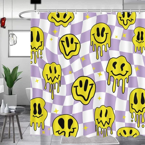 Miniatura 10 de MEHOFOND Cortina de ducha a cuadros negros y blancos, divertidas cortinas de ducha con cara sonriente para decoración de baño, cortinas de ducha