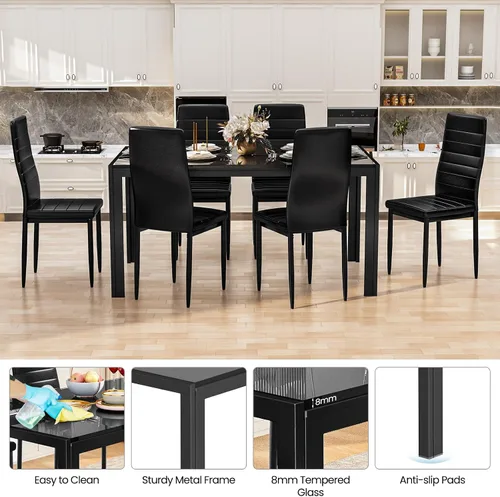 Miniatura 5 de Hooseng Juego de mesa de comedor para 6, mesa de cocina de vidrio templado con 6 sillas de piel sintética, juegos de comedor de 7 piezas