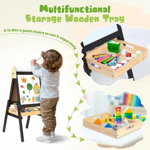 Miniatura 3 de Caballete 3 en 1 para niños pequeños con bandeja de madera, caballete de madera de doble cara con rollo de papel, pizarra magnética y pizarra blanca