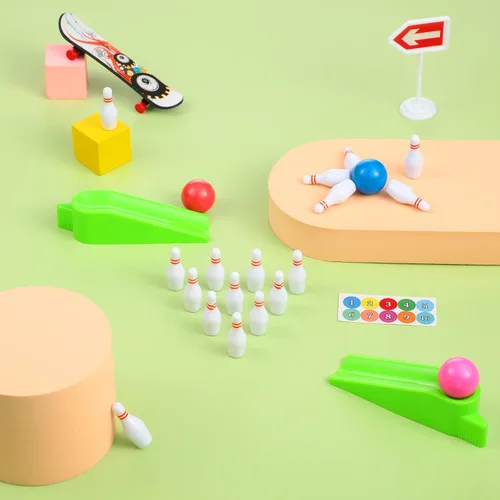 Miniatura 4 de Kathfly Recuerdos de fiesta de bolos para niños, mini juego con pasadores de tazón en miniatura, rampa, bola, juegos de bolos de mesa, rellenos