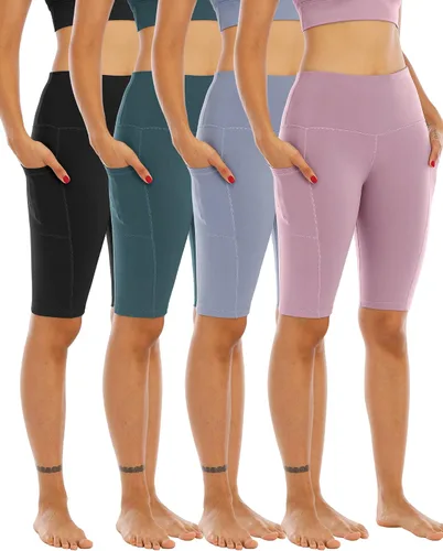 Miniatura 18 de WHOUARE Paquete de 4 pantalones cortos de yoga con bolsillos para mujer, cintura alta, atléticos, correr, entrenamiento, gimnasio, control de abdomen