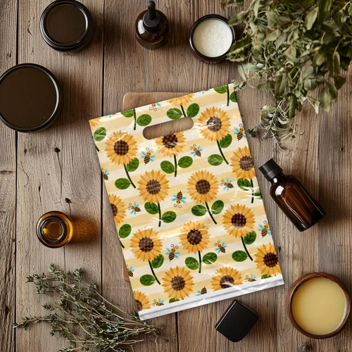 Miniatura 4 de Bolsas de mercancía de diseño de girasoles y abejas de 12 x 15 pulgadas, 50 unidades, con asas troqueladas, bolsas de compras impresas de primera