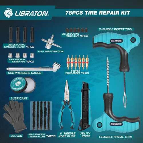 Miniatura 2 de Kit de reparación de neumáticos Libraton, kit de 78 piezas de tapones para neumáticos, herramientas profesionales resistentes para arreglar