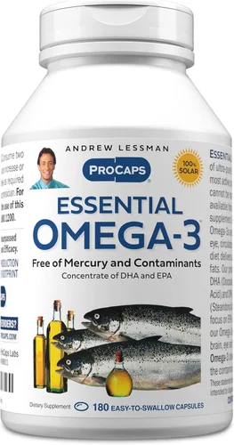 ANDREW LESSMAN Omega-3 esencial sin sabor - 180 cápsulas blandas - Aceites omega-3 ultra puros y de alta potencia. Alto contenido de DHA, sin