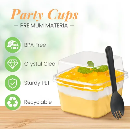 Miniatura 3 de Zezzxu 8 oz Square Dessert Cups with Lids and Spoons, 25 Sets Clear Plastic Cups with Dome Lids & Sporks for Yogurt Parfait, Fruit, Pudding, Cake