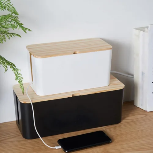 Miniatura 6 de Toyvian Cable Storage Box Power Line Manager with Natural Wood Lid, Medium Black Charging Cable Organizer for Home and Office Cord Management