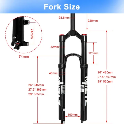 Miniatura 3 de 26/27.5/29 pulgadas MTB Dual Air Suspension Hork, 1 1/8 tubo recto, 4.724 in de viaje, QR 0.354 in × 3.937 in, bloqueo manual, horquilla delantera