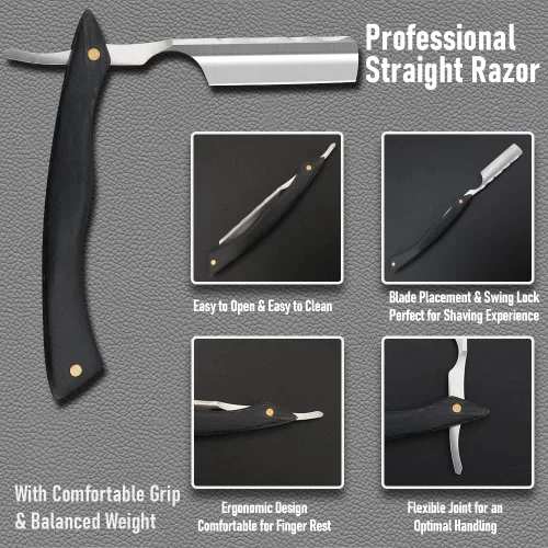 Miniatura 6 de Maquinilla de afeitar recta con estuche - Afeitadora profesional de borde recto de acero inoxidable premium para barbero con estuche de afeitado