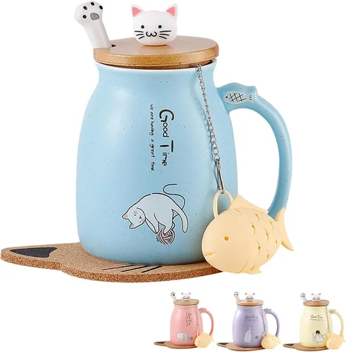 BigNoseDeer Lindas tazas Kawaii de gato, taza de café de cerámica con infusor y tapa, cuchara, taza de té, regalos lindos y geniales para mujeres