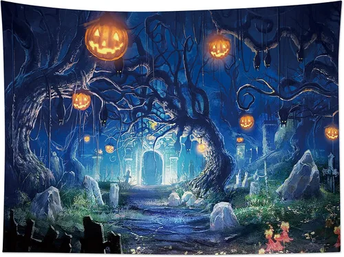 Miniatura 7 de HVEST Tapiz de noche de Halloween, tapiz para colgar en la pared, bosque embrujado con tumba y calabazas, manta de pared para dormitorio, sala