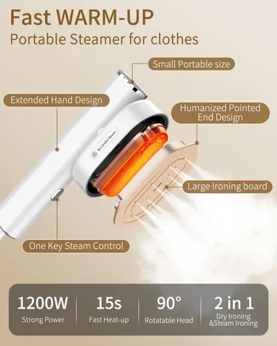 Miniatura 8 de Vaporizador Portátil para Ropa de Viaje, Mini Vaporizador y Plancha con Calentamiento Rápido de 10s, 1200W Horizontal y Vertical, Eliminación