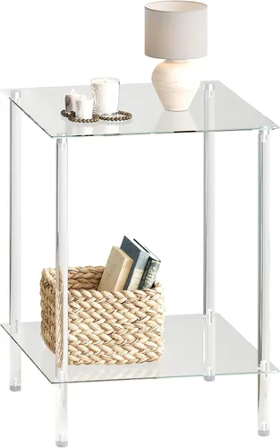 Miniatura 14 de Mesa auxiliar de vidrio templado, mesa de centro acrílica, mesita de noche transparente de 2 niveles, mesa de café transparente, para espacios
