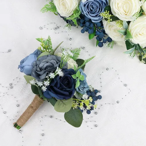 Miniatura 3 de Juego de 4 ramos para dama de honor para boda - Ramos de flores artificiales de 7 pulgadas para decoración de centros de mesa de ceremonia y Azul