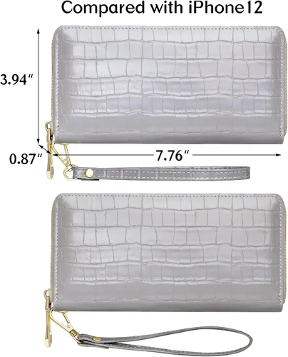 Miniatura 4 de Badiya Cartera para mujer, con bloqueo RFID, de cuero, con cremallera, de gran capacidad, para tarjetas de crédito, bolso largo, Gris