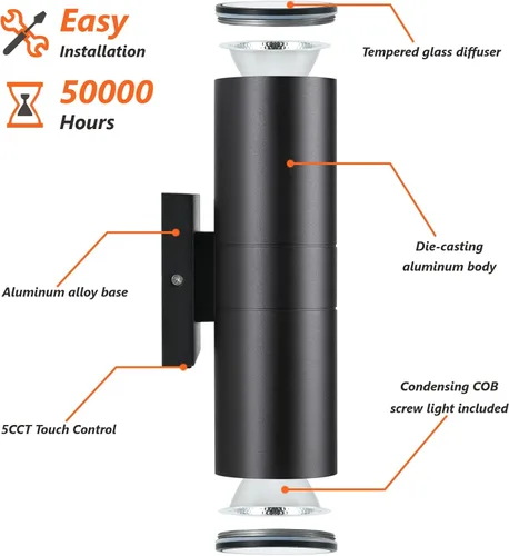 Miniatura 6 de DAKAFUL 5CCT - Luces de pared regulables para exteriores, paquete de 2 unidades, 3000 K, 5000 K, 6000 K, cilindro LED integrado, luz de aluminio