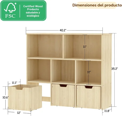 Miniatura 2 de EXPERLAM Organizador de almacenamiento de juguetes de madera de pino macizo, estantería para niños y organizador de juguetes con 3 cajones rodantes