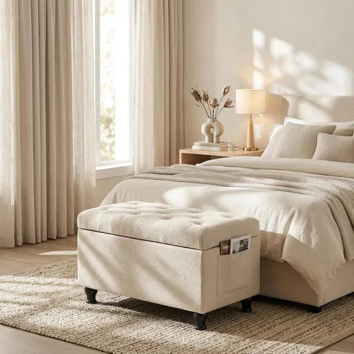 Miniatura 3 de Otomana rectangular de 24 pulgadas, color beige con almacenamiento para sala de estar Upholstered Fabric Shoe Bench and Footrest with Safety Hinge
