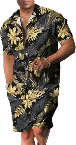 Miniatura 36 de RPOVIG Conjunto de playa a juego con camisas y pantalones cortos para hombre, ropa floral hawaiana para festival, conjuntos de 2 piezas con sombrero