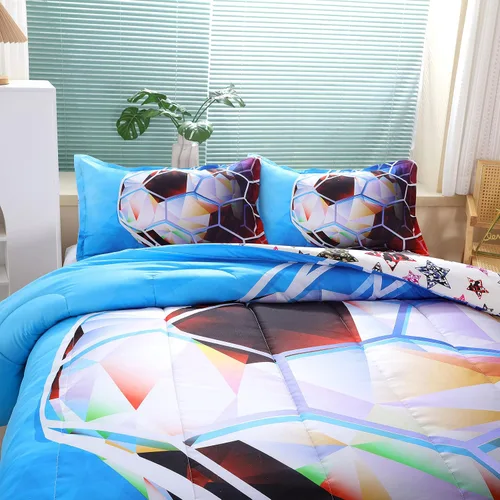 Miniatura 7 de Suncloris Juego de edredón de fútbol 3D para niños, edredón de ropa de cama deportiva tamaño individual con temática de fútbol con 2 fundas