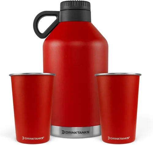 DrinkTanks® - Growlers de acero inoxidable de 64 onzas para cerveza y tazas de acero inoxidable de 16 onzas, cultivador de cerveza aislado con 2