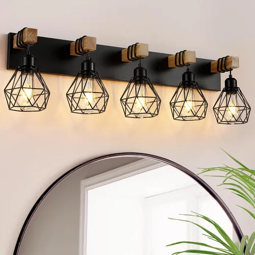 Miniatura 15 de Lámpara de tocador estilo casa de campo para baño, luminarias de tocador de baño de 2 luces negra dorada de madera sobre espejo, apliques rústicos