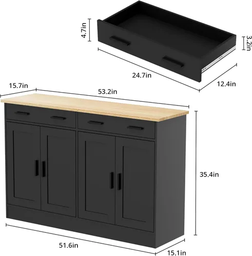 Miniatura 2 de Anystyle Armario de buffet negro de 53 pulgadas con almacenamiento, aparador de cocina, servidor de buffet con 2 cajones y 4 puertas, moderno