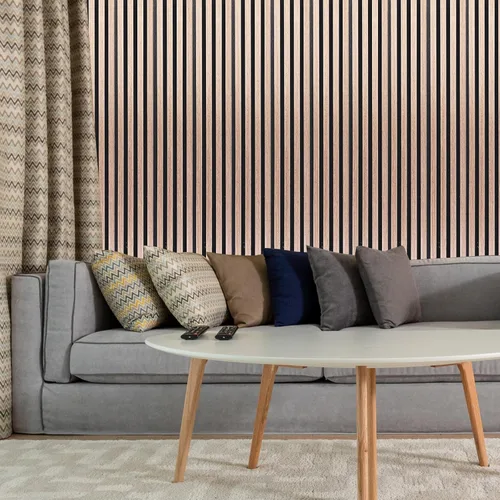 Miniatura 5 de NeatiEase Paneles de pared de madera, paneles de pared acústicos de listones de 9 pies para decoración de pared interior y reducción de ruido, Roble