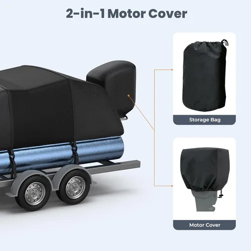 Miniatura 7 de RVMasking Cubierta para barco pontón con cubierta para motor, 1400D resistente reforzada en el medio, cubierta impermeable para barco de grado