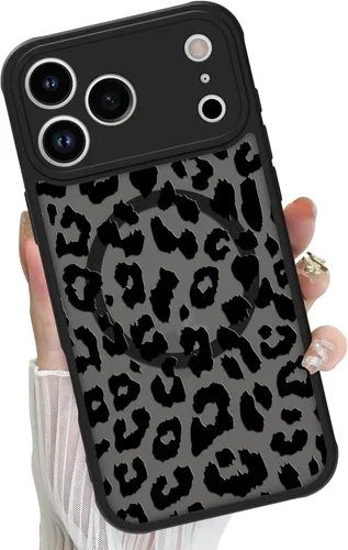 Funda magnética para iPhone 17 Pro [compatible con MagSafe], bonita funda de moda con estampado de leopardo negro, translúcida, mate, parte trasera