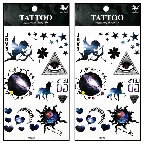 Miniatura 9 de Tatuajes 2 hojas de luna sol estrellas sobre amarillo azul impermeable tatuaje falso temporal pegatinas arte corporal extraíble para hombres mujeres
