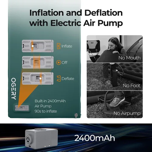 Miniatura 6 de OGERY Almohadilla de dormir autoinflable con bomba eléctrica, almohadilla de espuma viscoelástica ultra gruesa de 3.15 pulgadas, almohadilla