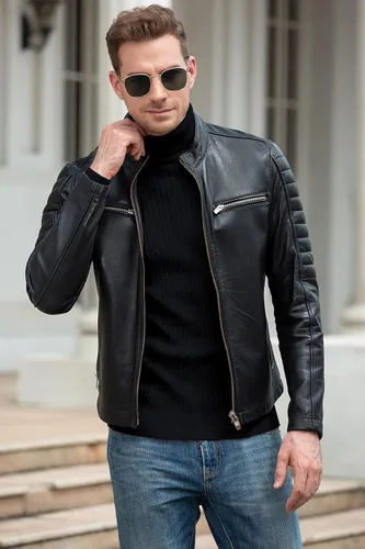 Miniatura 5 de QZH.DUAO - Suéteres informales de cuello alto para hombre, diseño entallado de punto trenzado, manga larga, sin botones