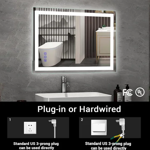 Miniatura 7 de Espejo de baño LED de 24 x 36 pulgadas, espejo de maquillaje con iluminación frontal, 3 colores regulables, antiniebla, CRI 95+, función de memoria