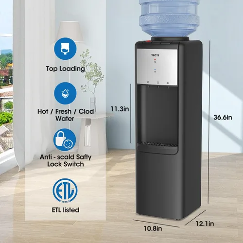 Miniatura 6 de VECYS Dispensador de enfriador de agua de carga superior caliente y fría, 3 o 5 galones con bloqueo de seguridad para niños, compresor