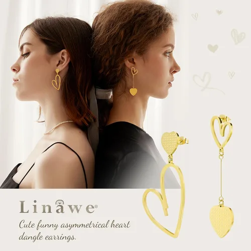 Miniatura 2 de Linawe Aretes colgantes con forma de corazón para mujer, de acero inoxidable, hipoalergénicos, asimétricos, para el día de San Valentín