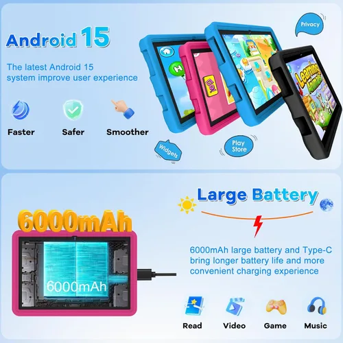Miniatura 4 de DMOAO Tablet infantil de 10.1 pulgadas Android 15-30GB RAM+64GB ROM (1TB expandible), Octa-Core 2.0GHz, pantalla de luz anti-azul, 6000mAh, WiFi 6