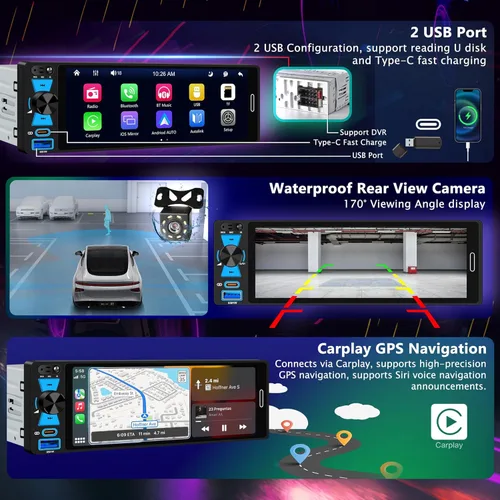 Miniatura 4 de Radio de pantalla táctil DIN simple de 6.5 pulgadas con Apple CarPlay inalámbrico y Android Auto, FM/AM, estéreo para automóvil con Bluetooth 5.2