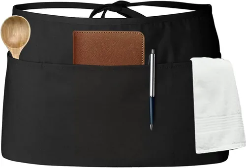Miniatura 8 de Tosewever Delantales de camarera con 3 bolsillos, delantal de cintura para camarera para mujeres y hombres, restaurante, hogar, negro, medio delantal