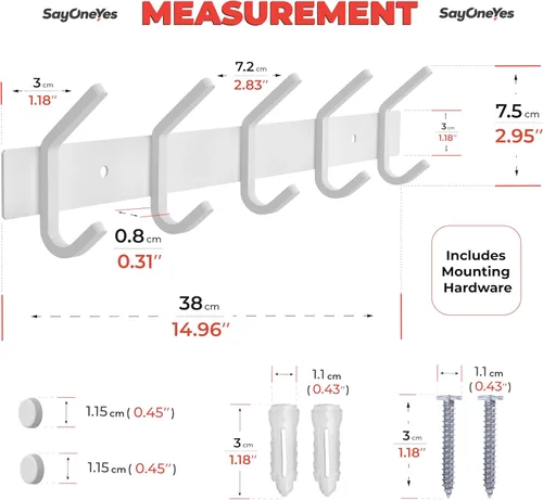 Miniatura 2 de Perchero de Pared Blanco – Riel de Ganchos de Acero Inoxidable de 15 Pulgadas con 5 Ganchos Dobles Resistentes para Abrigos – Perchero Montado