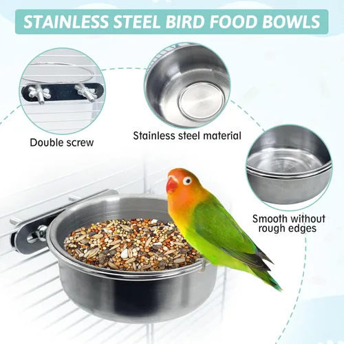 Miniatura 3 de PINVNBY 2 piezas cuencos de acero inoxidable para pájaros, cuencos para agua y alimentos con soporte de abrazadera, comedero de pájaros, tazones